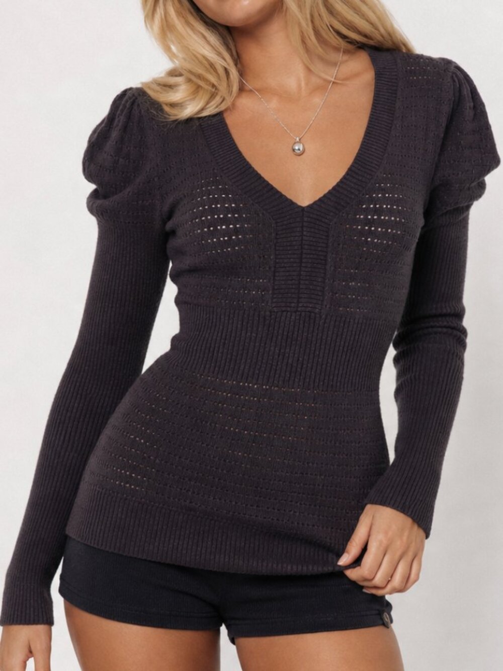 DKNY Sz Small Light Black Open Pointelle Knit V Neck Sweater